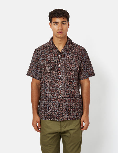 Beams Plus Open Collar Short Sleeve Shirt (Ajrak Print) - Black