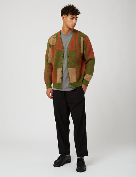 Beams Plus Panel Pattern Shaggy Cardigan - Olive Green | Article.