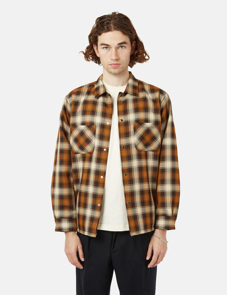 Beams Plus Quilt Open Collar Shirt (Ombre Check) - Mustard Yellow