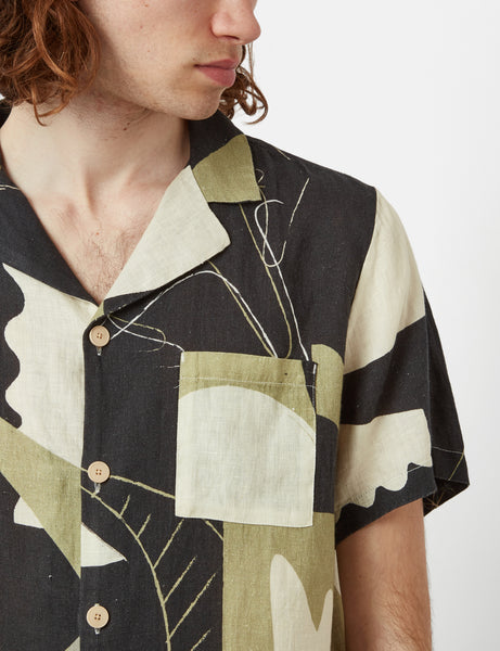 Folk Gabe Soft Collar Short Sleeve Shirt (Void Print) - Black/Olive Green