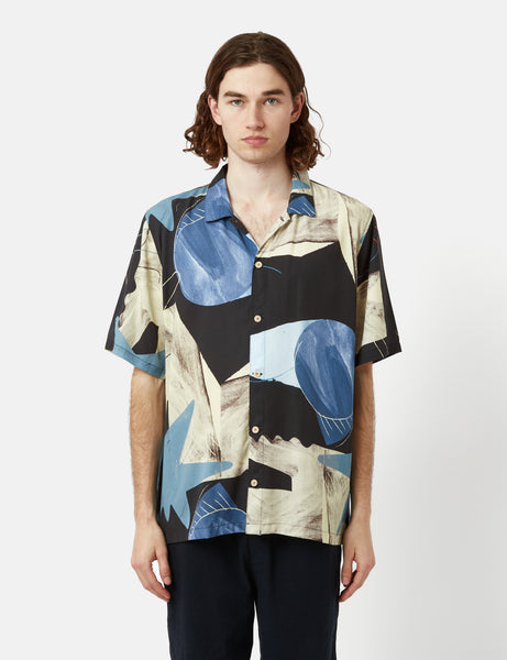 Folk Gabe Tencel Short Sleeve Shirt (Void Print) - Dark Blue/White