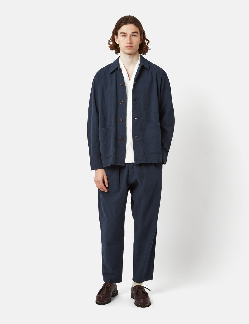 Universal Works Pleated Seersucker Track Pant (Relaxed) - Navy Blue