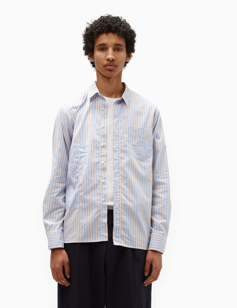 Universal Works Patched Shirt (Cotton) - Blue Stripe