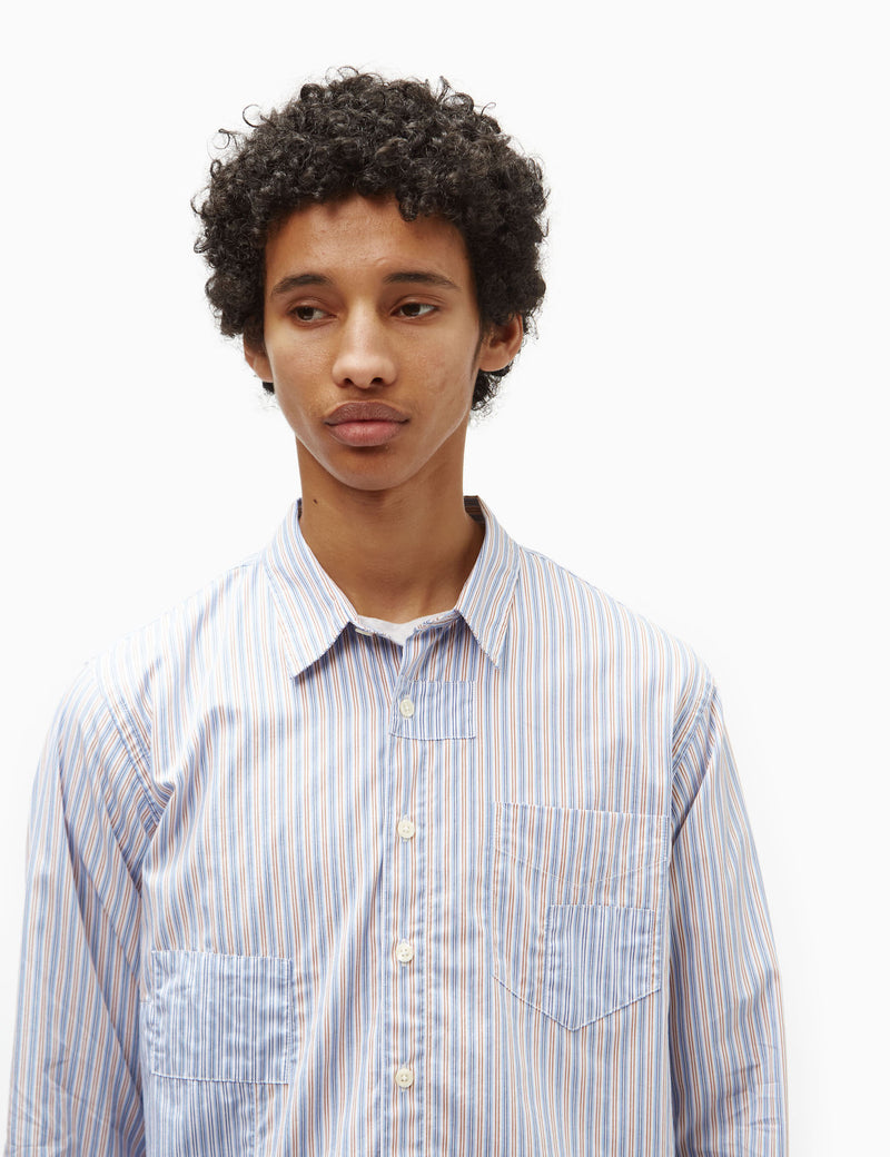 Universal Works Patched Shirt (Cotton) - Blue Stripe