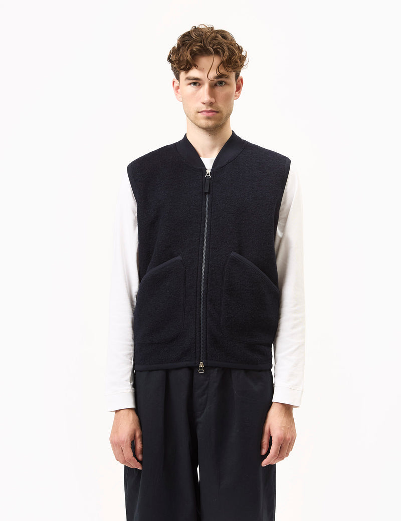 Universal Works Zip Waistcoat (Wool Fleece) - Navy Blue