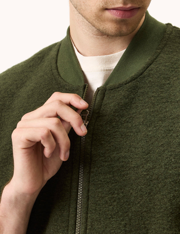 Universal Works Zip Waistcoat (Wool Fleece) - Olive Green