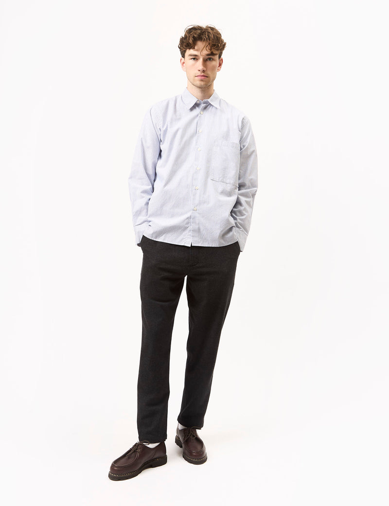 Universal Works Square Pocket Stripe Shirt (Cotton) - Navy Blue