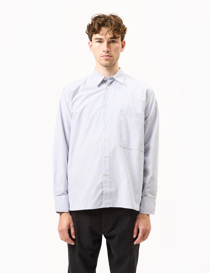 Universal Works Square Pocket Stripe Shirt (Cotton) - Navy Blue