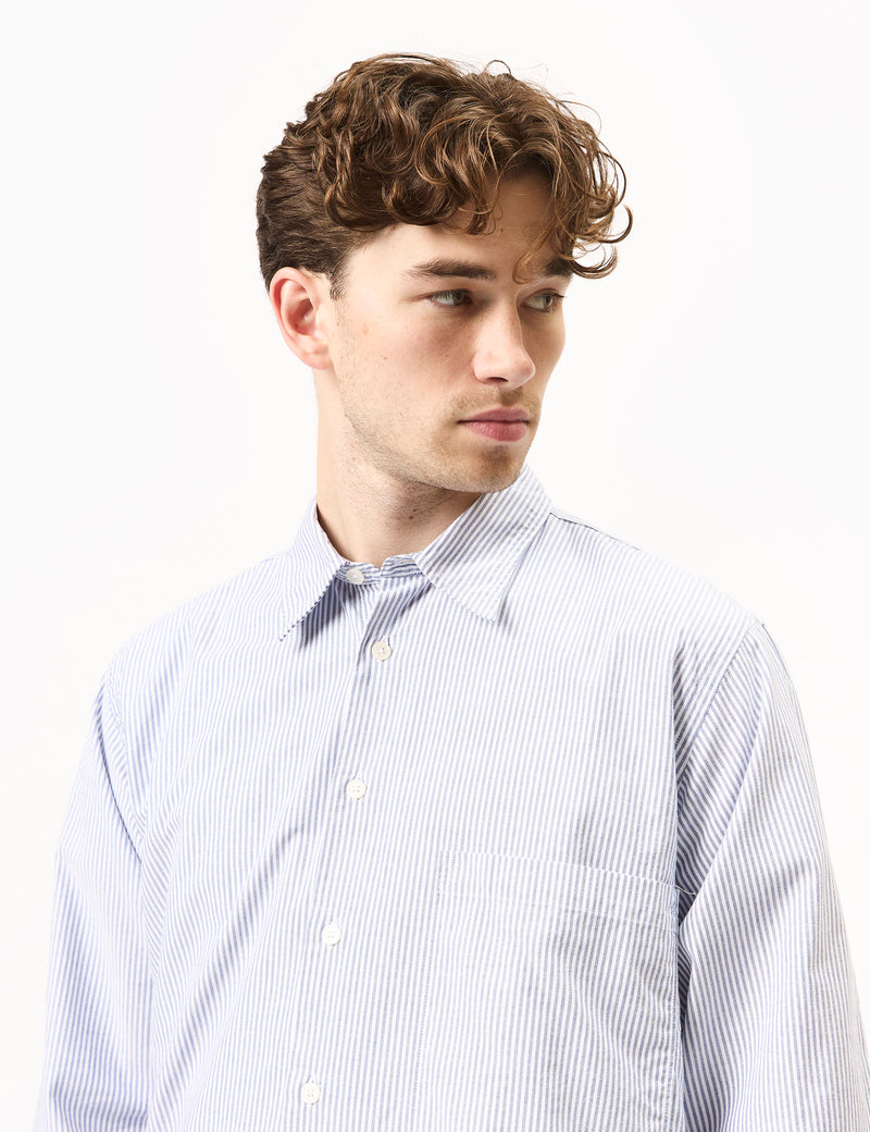 Universal Works Square Pocket Stripe Shirt (Cotton) - Navy Blue