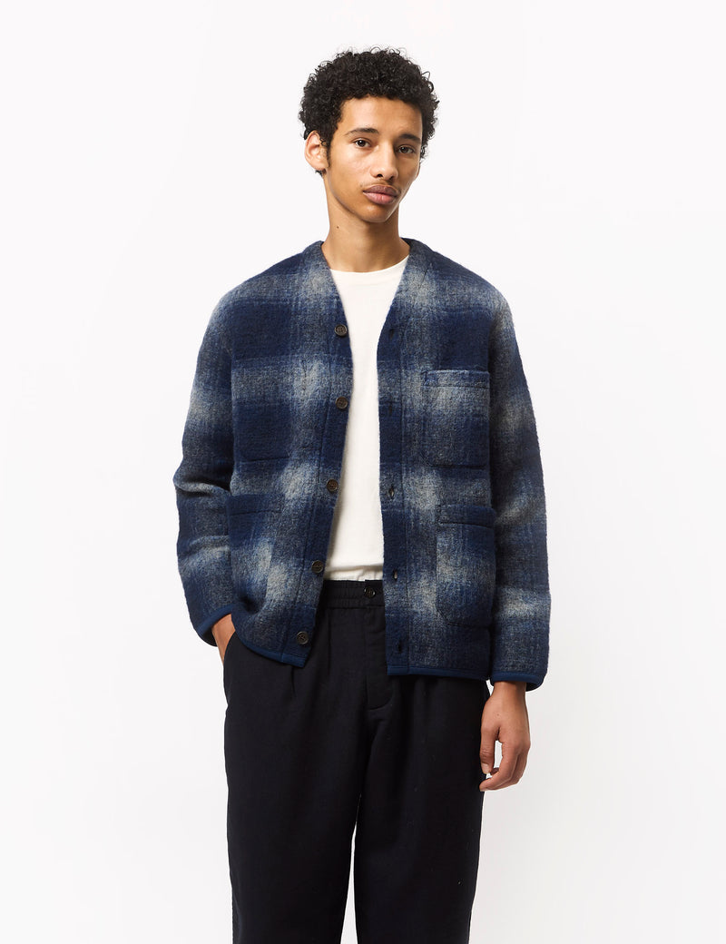 Universal Works Cardigan (Fresco Fleece) - Navy Blue/Grey