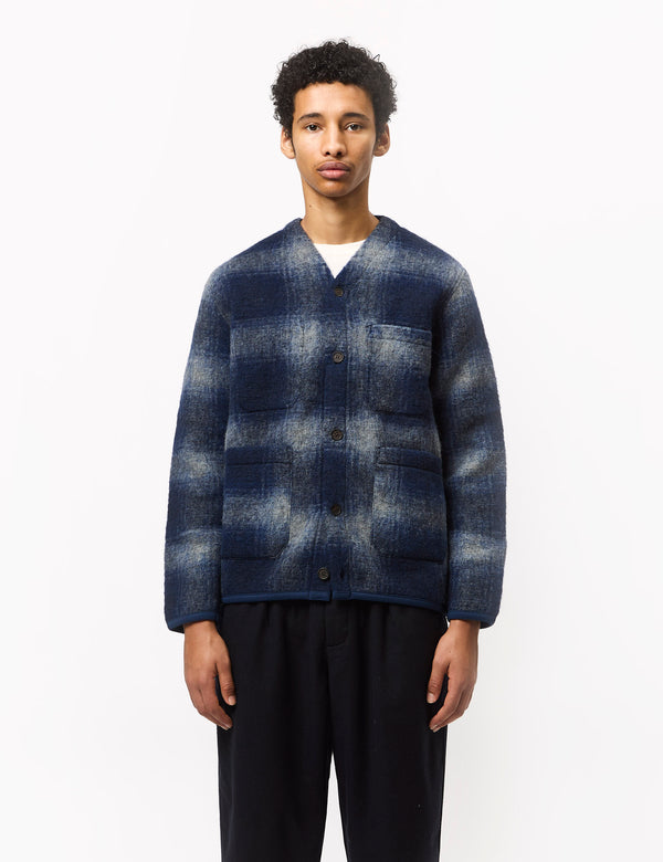 Universal Works Cardigan (Fresco Fleece) - Navy Blue/Grey