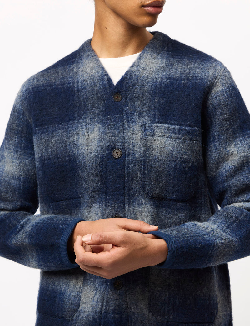 Universal Works Cardigan (Fresco Fleece) - Navy Blue/Grey