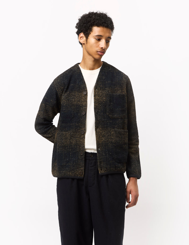 Universal Works Check Fleece Cardigan - Navy Blue/Sand