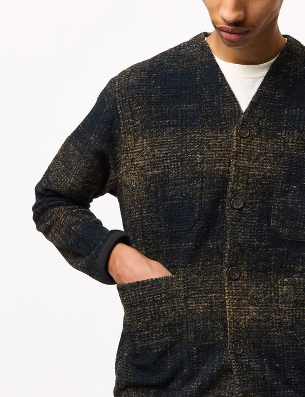 Universal Works Check Fleece Cardigan - Navy Blue/Sand