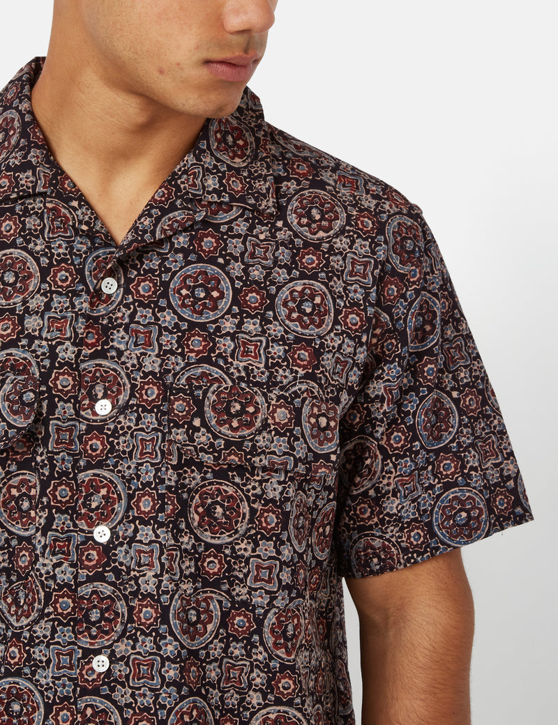 Beams Plus Open Collar Short Sleeve Shirt (Ajrak Print) - Black I