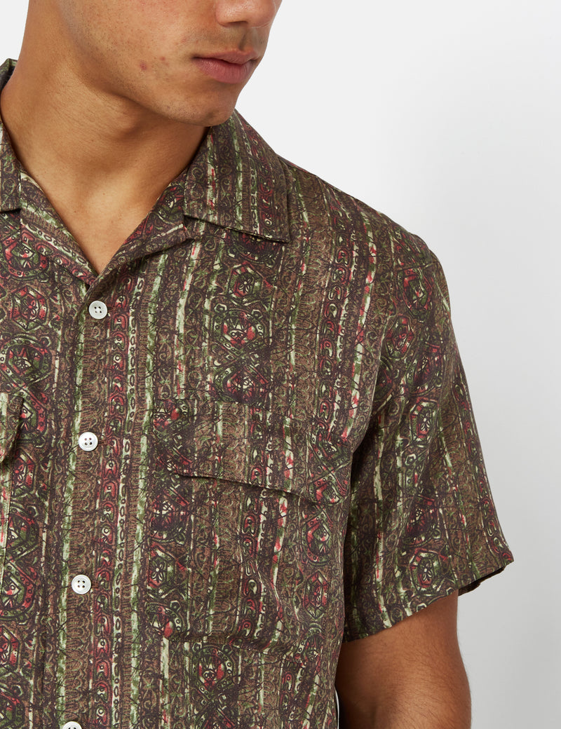 Beams Plus Open Collar Batik Short Sleeve Shirt (Silk) - Olive