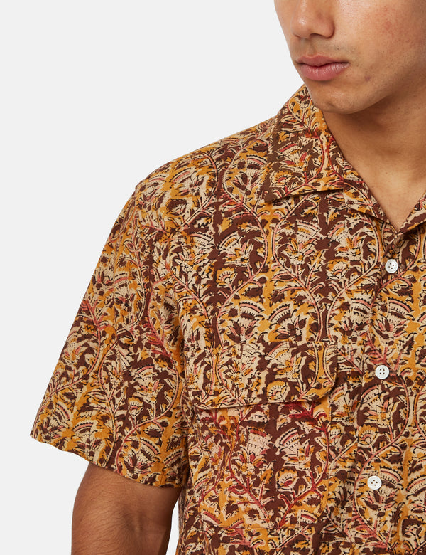 Beams Plus Open Collar Short Sleeve Shirt (Block Print) - Brown