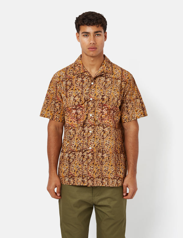 Beams Plus Open Collar Short Sleeve Shirt (Block Print) - Brown