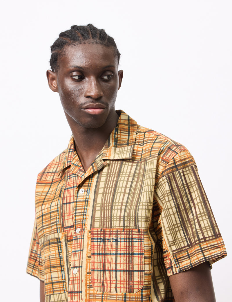 Beams Plus Open Collar Block Print Shirt - Khaki