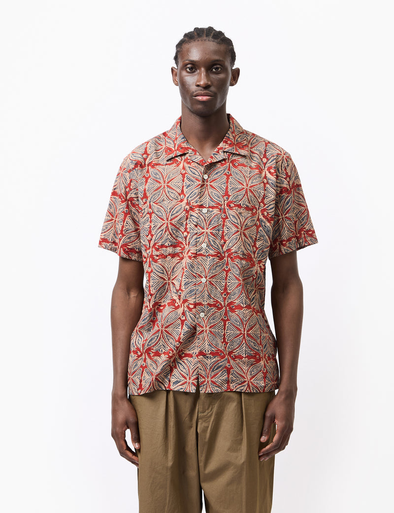 Beams Plus Open Collar Block Print Shirt - Vermillion Red