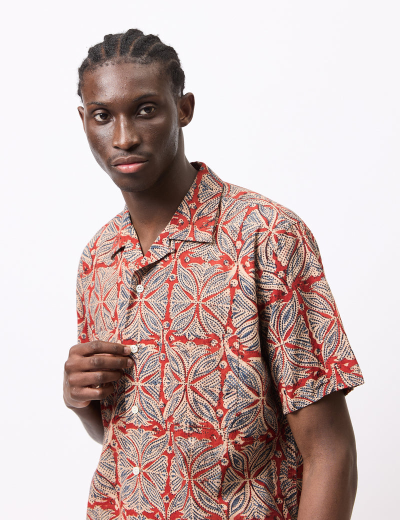 Beams Plus Open Collar Block Print Shirt - Vermillion Red