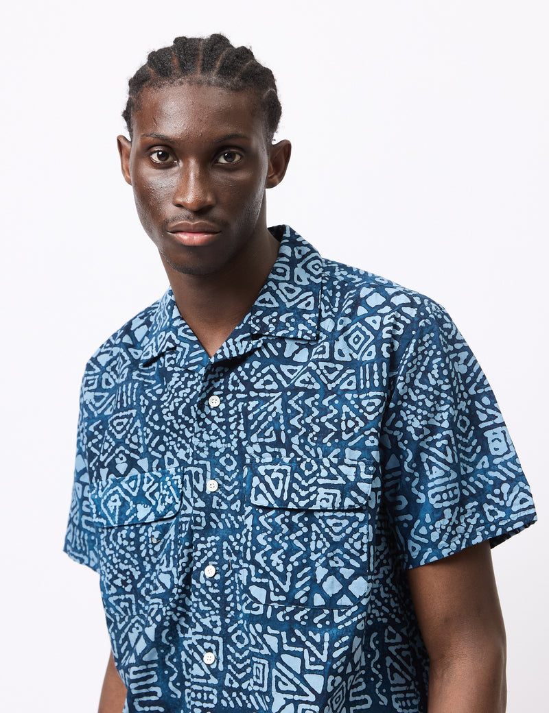 Beams Plus Open Collar Batik Print Shirt - Blue