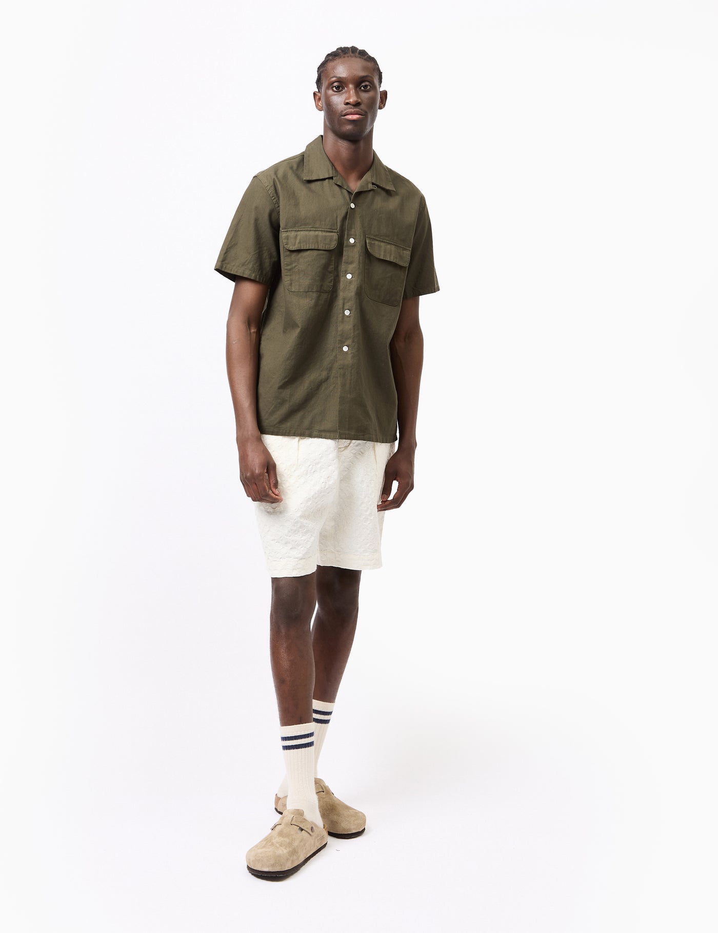 Beams Plus Open Collar Panama Shirt - Olive Green | Article.