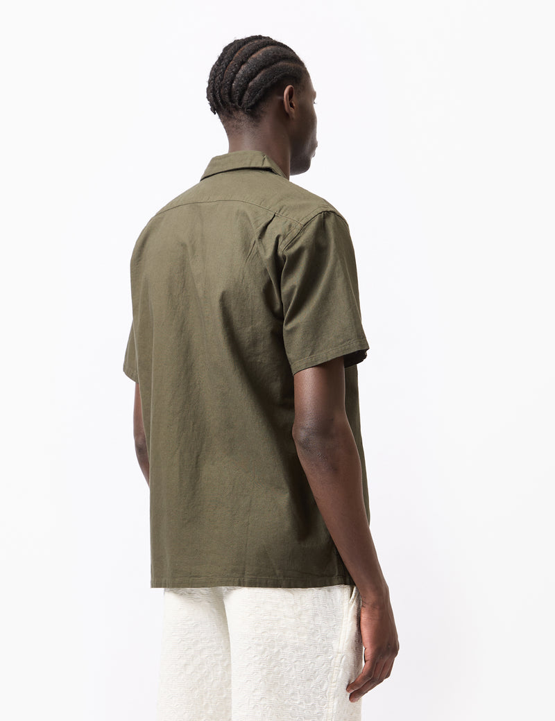 Beams Plus Open Collar Panama Shirt (Cotton/Linen) - Olive Green