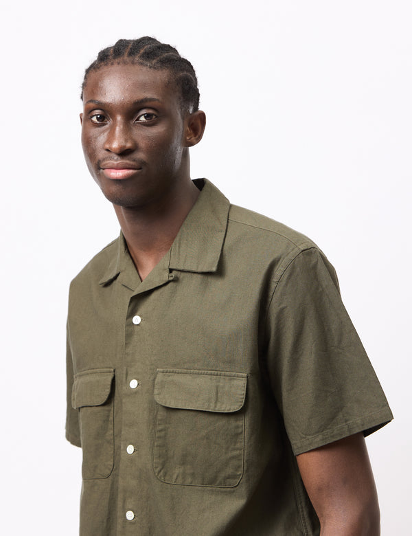 Beams Plus Open Collar Panama Shirt (Cotton/Linen) - Olive Green