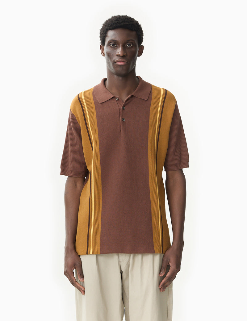 Beams Plus Knit Polo Shirt Stripe Brown Article