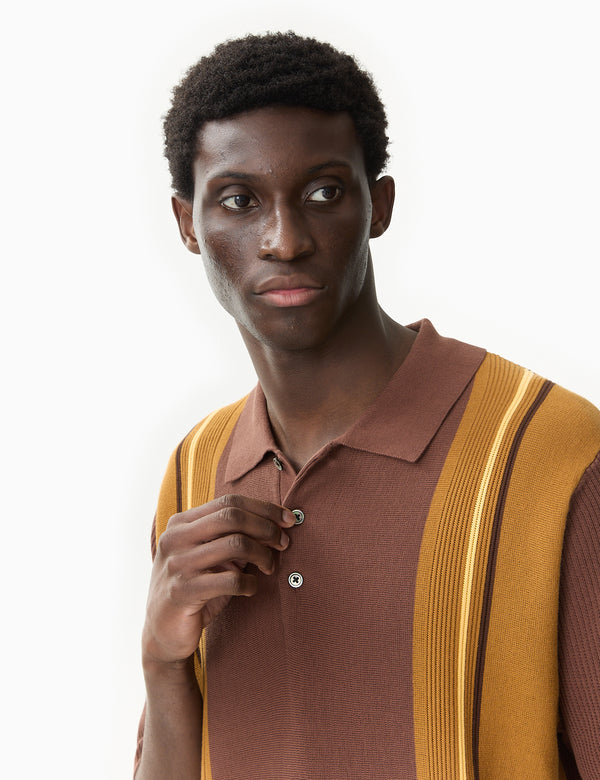 Beams Plus Knit Polo Shirt Stripe - Brown