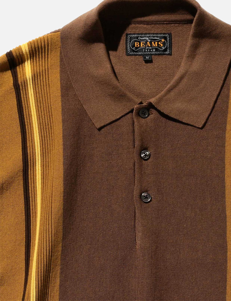 Beams Plus Knit Polo Shirt Stripe - Brown