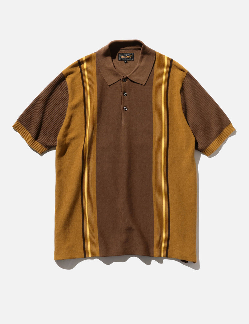 Beams Plus Knit Polo Shirt Stripe - Brown