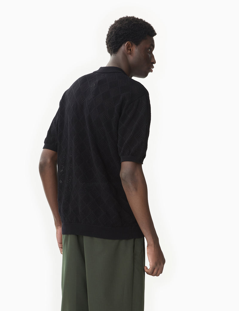 Beams Plus Zip Mesh Knit Polo Shirt - Black