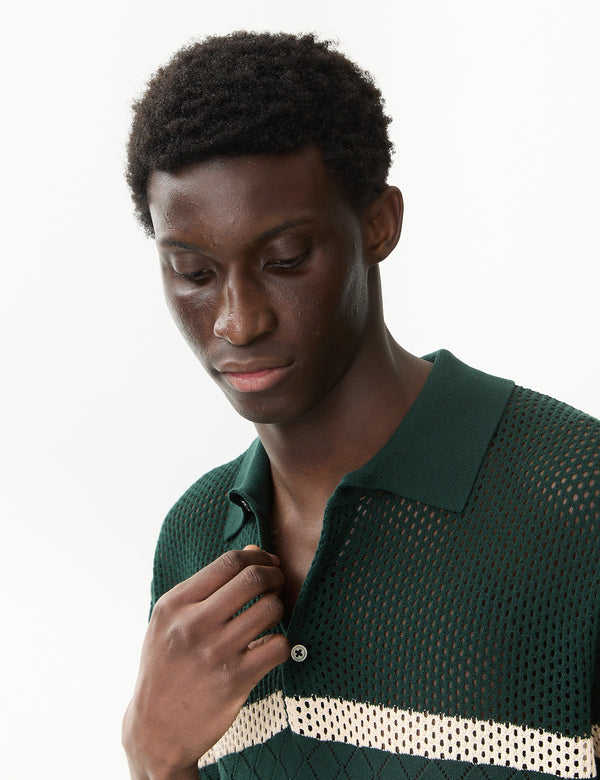 Beams Plus Stripe Mesh Knit Polo Shirt - Green