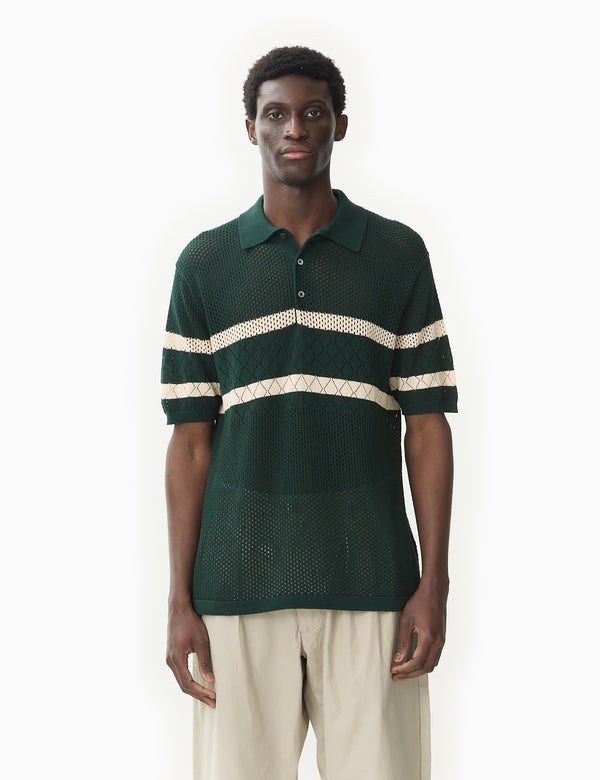 Beams Plus Stripe Mesh Knit Polo Shirt - Green