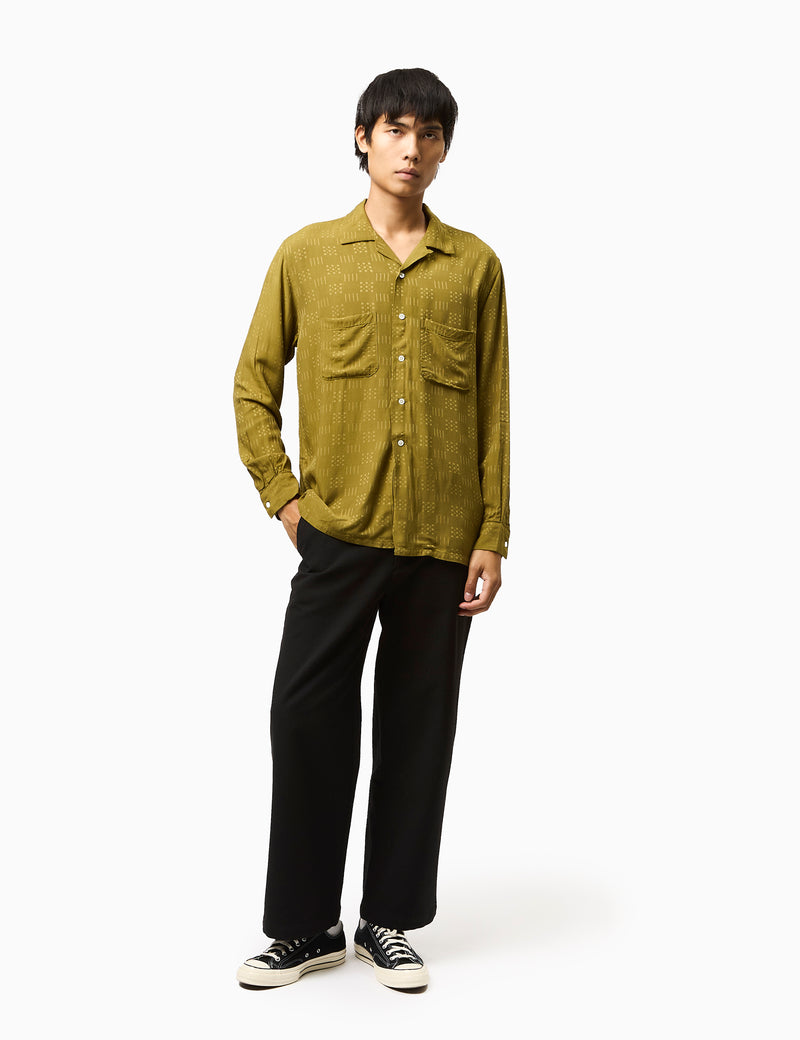 Beams Plus Open Collar Shirt (Jacquard) - Olive Green