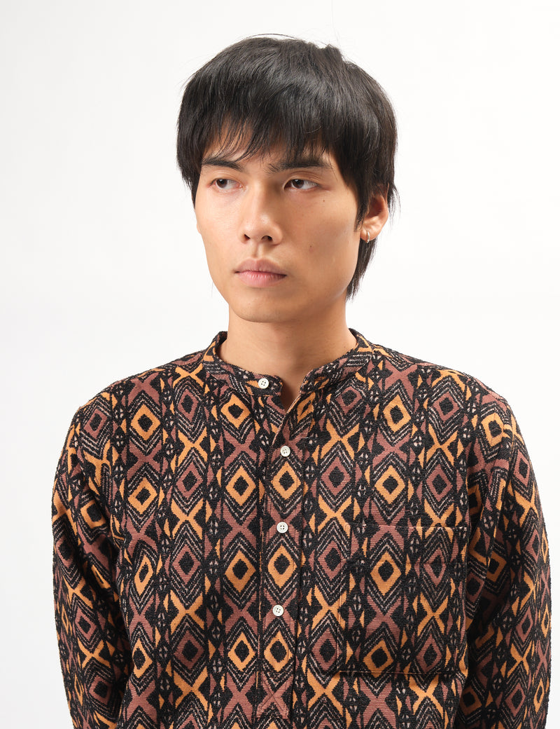 Beams Plus Band Collar Batik Stripe Pullover (Jacquard) - Brown