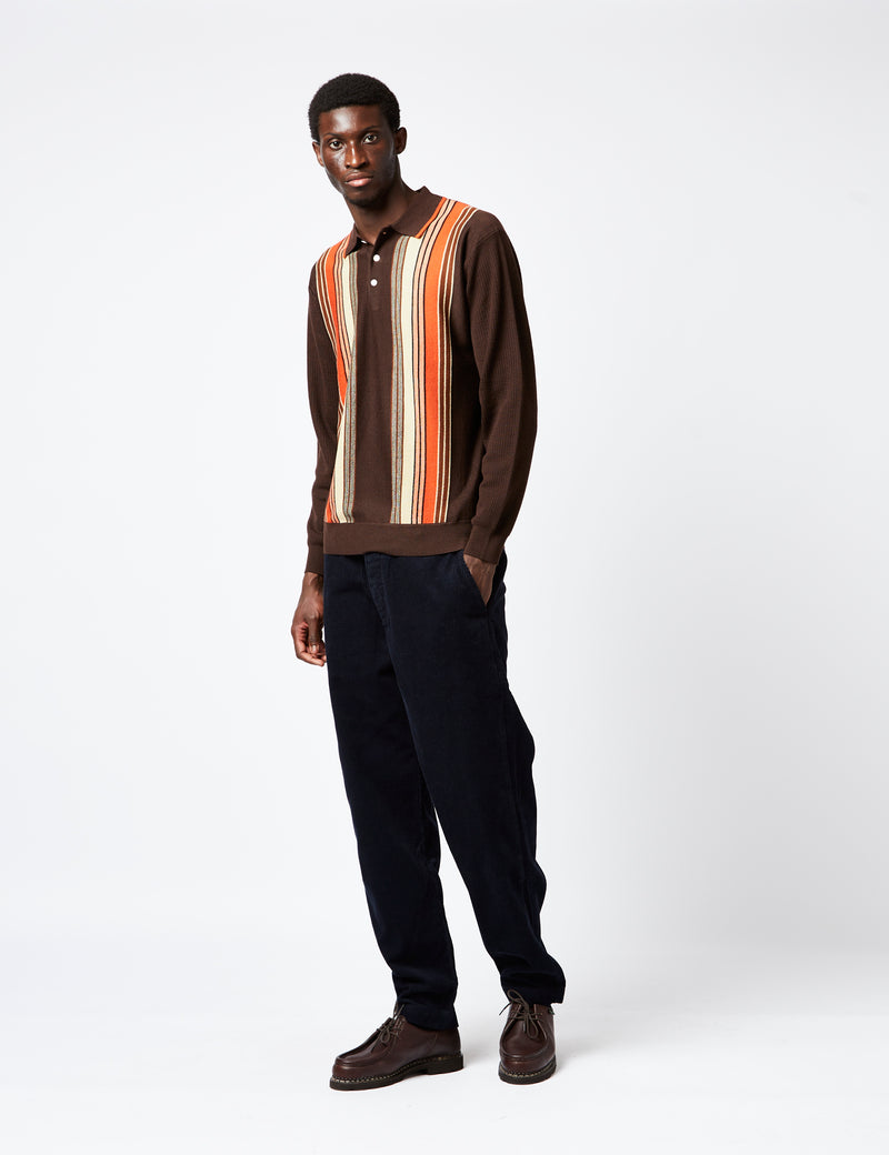 Beams Plus Knit Polo (Stripe) - Dark Brown