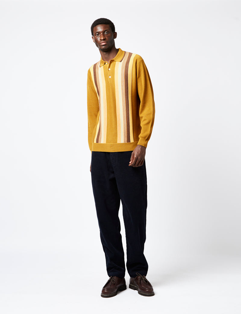 Beams Plus Knit Polo (Stripe) - Mustard Yellow