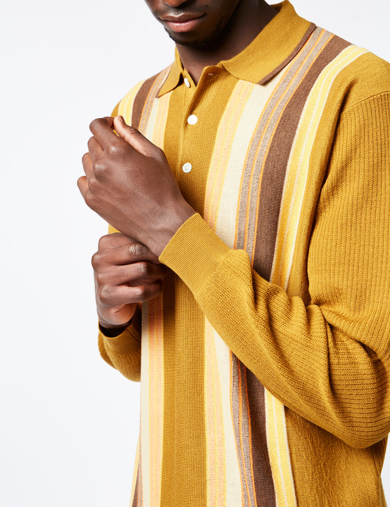 Beams Plus Knit Polo (Stripe) - Mustard Yellow