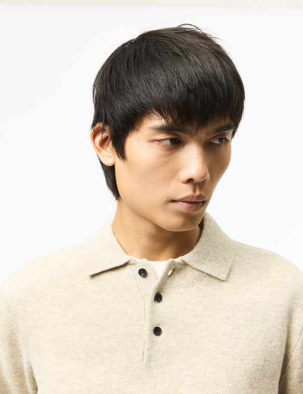 Beams Plus Long Sleeve Knitted Polo (9 Gauge) - Beige