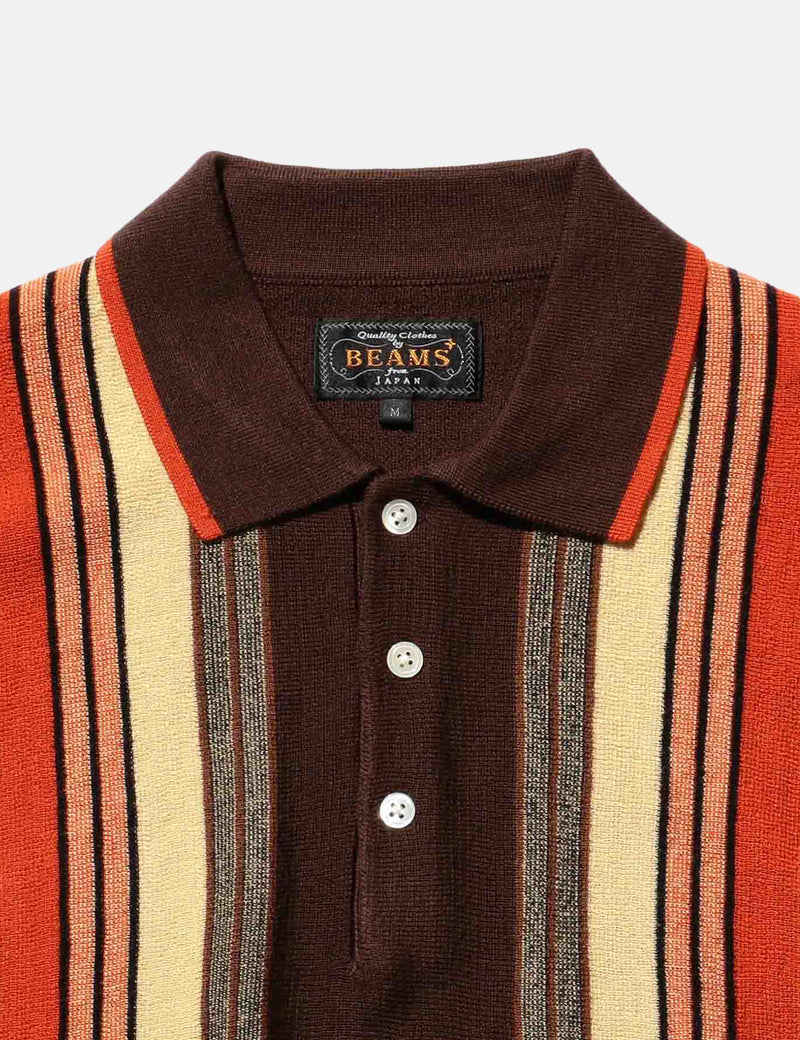 Beams Plus Knit Polo (Stripe) - Dark Brown