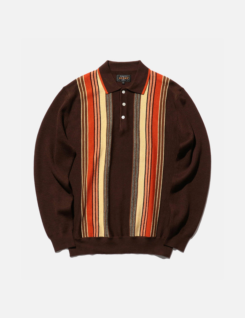 Beams Plus Knit Polo (Stripe) - Dark Brown