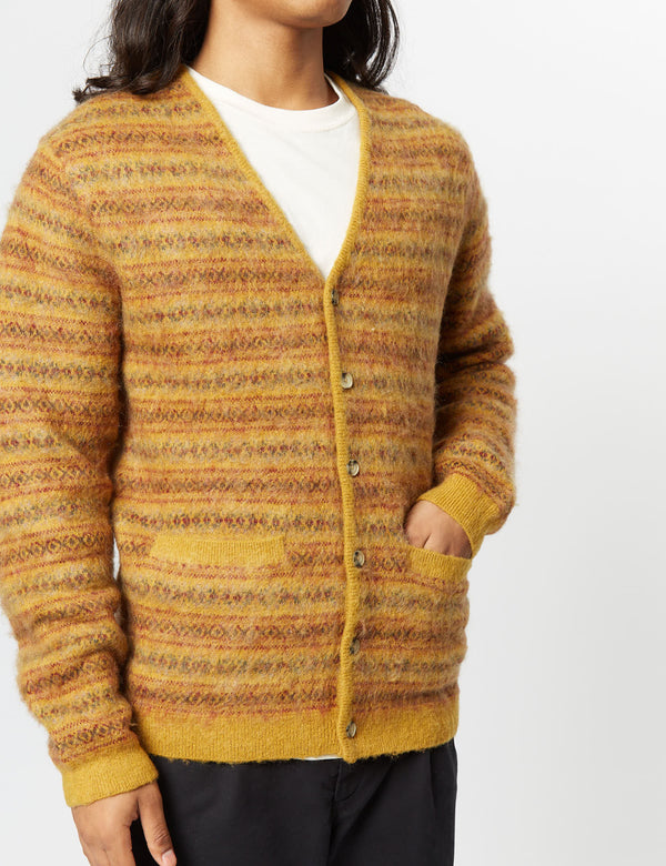 Beams Plus Double Jacquard Cardigan - Mustard