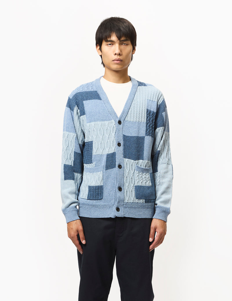 Beams Plus Patchwork Jacquard Cardigan - Blue