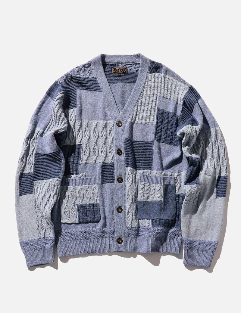 Beams Plus Patchwork Jacquard Cardigan - Blue