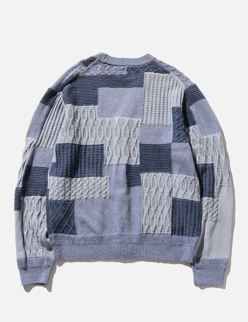 Beams Plus Patchwork Jacquard Cardigan - Blue