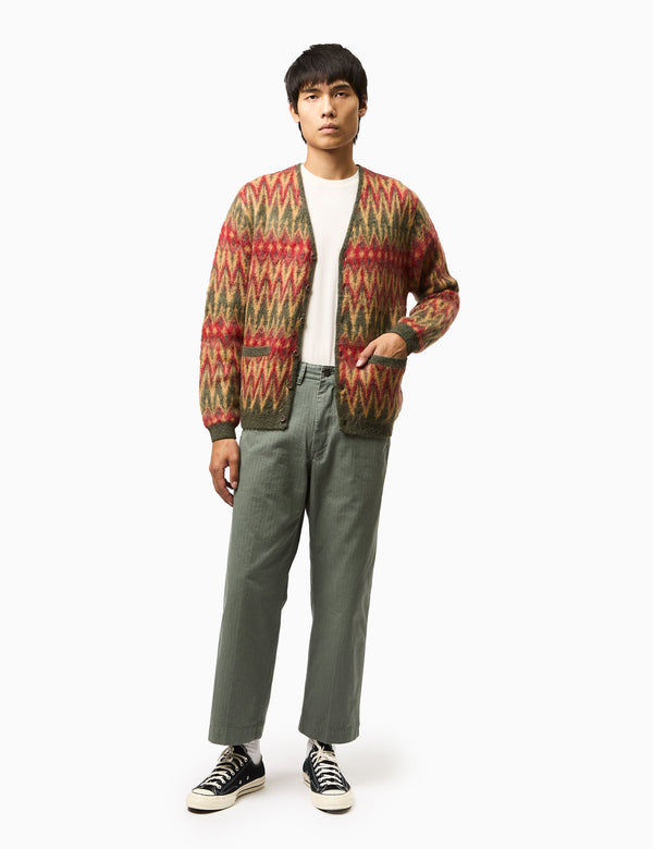 Beams Plus Chevron Pattern Cardigan (Double Jacquard) - Green