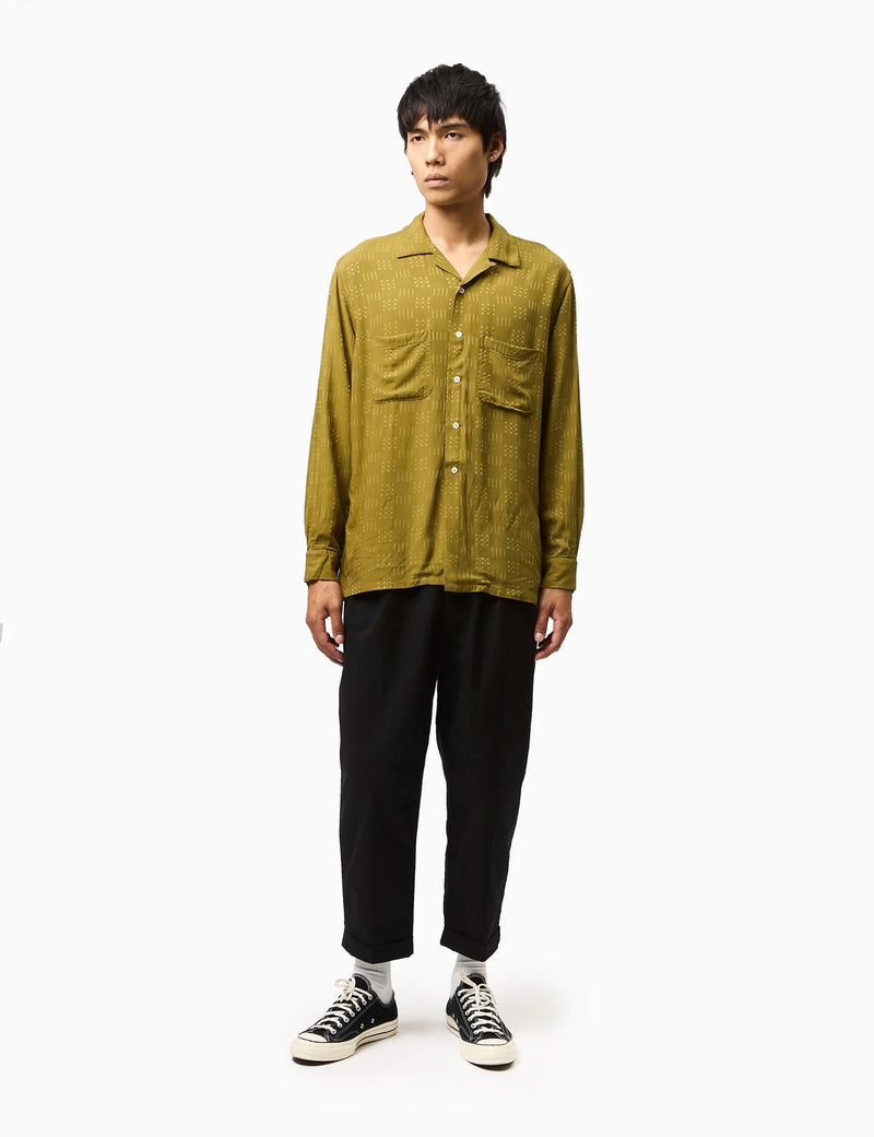 Beams Plus Open Collar Shirt (Jacquard) - Olive Green